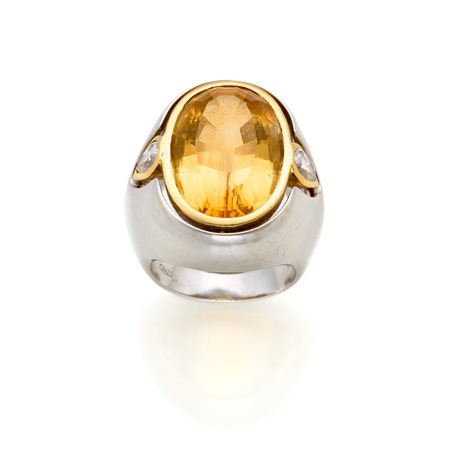 Anello firmato Antonini in oro giallo e bianco 18 Kt con quarzo citrino di...