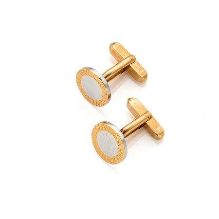 Gemelli firmati Bulgari in oro giallo 18 Kt e acciaio Diametro 1,5 cm Peso...