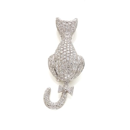 Spilla a gatto in oro bianco 18 Kt con diamanti rotondi per complessivi 1,70...