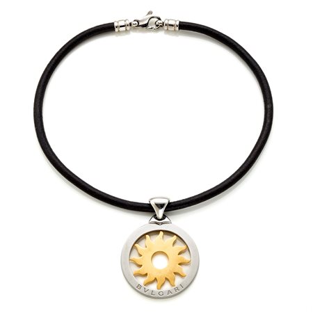 Pendente Bulgari Tondo in oro giallo 18 Kt e acciaio, cordino con chiusura in...