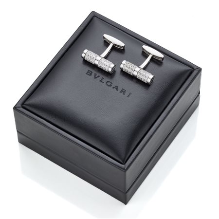 Gemelli firmati Bulgari in oro bianco 18 Kt con diamanti rotondi per...