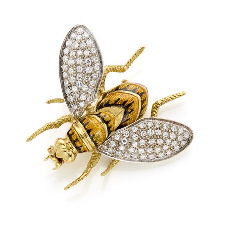 Spilla ad ape in oro giallo e bianco 18 Kt con smalti e diamanti rotondi per...