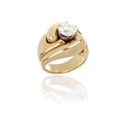 Anello a turbante in oro giallo 18 Kt con diamante rotondo di circa 1,90 ct...