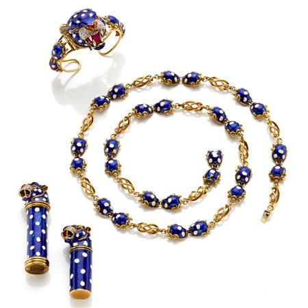 Lotto firmato Frascarolo in oro giallo 18 Kt con smalti nei toni del blu,...