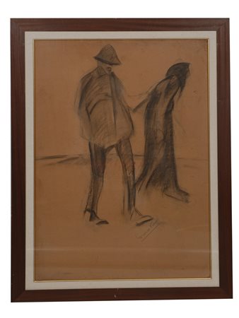 Lorenzo Viani (Viareggio, 1882 - Ostia, 1936) Viandanti Carboncino su cartone...