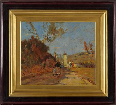 Ludovico Tommasi (Livorno, 1866 - Firenze, 1941) Paesaggio con figure Olio su...