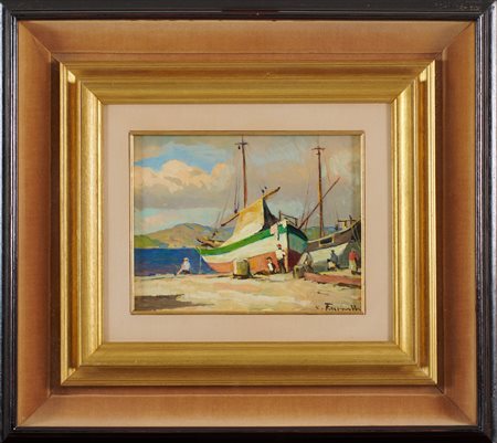 Cafiero Filippelli (Livorno, 1889 - 1973) Barche e pescatori Olio su tavola...