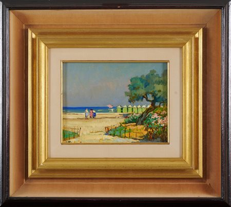 Cafiero Filippelli (Livorno, 1889 - 1973) Marina con figure Olio su tavola...