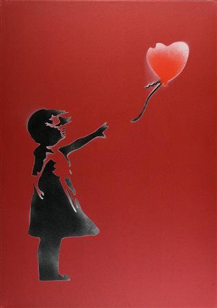 Banksy BALLOON GIRL spray stencil su tela, cm 70x50x4; es. 1/50 firma a...