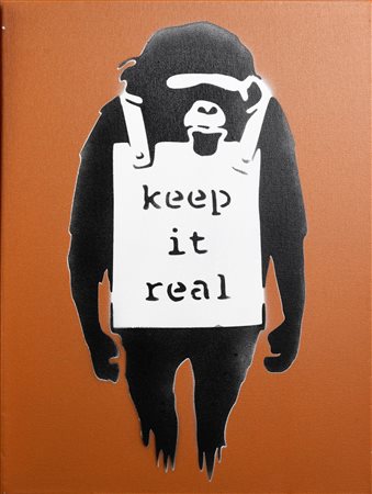 Banksy KEEP IT REAL spray stencil su tela, cm 40x30x4; es. 1/50 firma a...