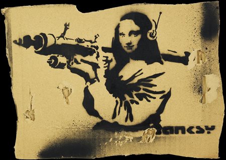 Banksy MONA LISA BAZOOKA, 2015 spray stencil graffiti su cartone, cm 25x34...