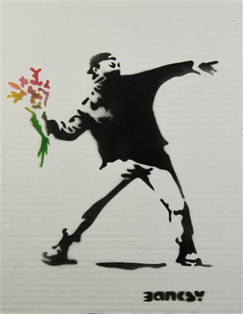 Banksy FLOWER THROWER sprayed stencil graffiti su cartone, cm 40x30; es....