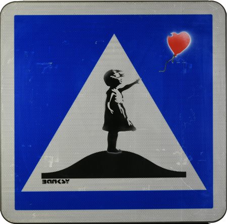 Da Banksy BALLON GIRL stencil print su cartello stradale, cm 71x71x3 firma in...