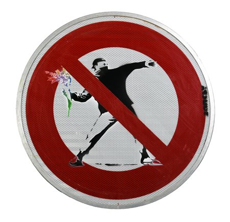 Da Banksy FLOWER THROWER stencil print su cartello stradale, diam cm 48x3...