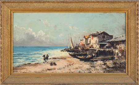 Eugenio Amus Brescia 1834 -  Bordeaux 1899 Marina con figure