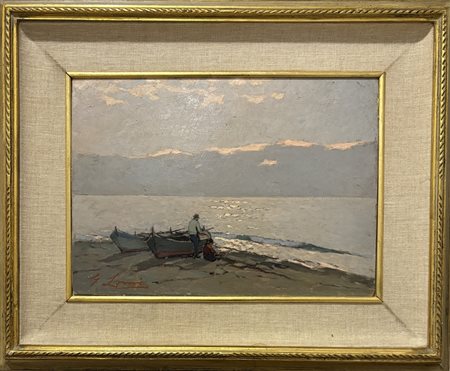 Giovanni Lomi Livorno 1889 - 1969 Marina con barche