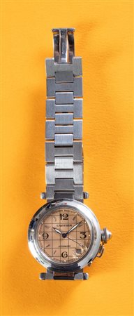 CARTIER PASHA, anni 2000. Cassa rotonda in acciaio, quadrante rosa salmone...