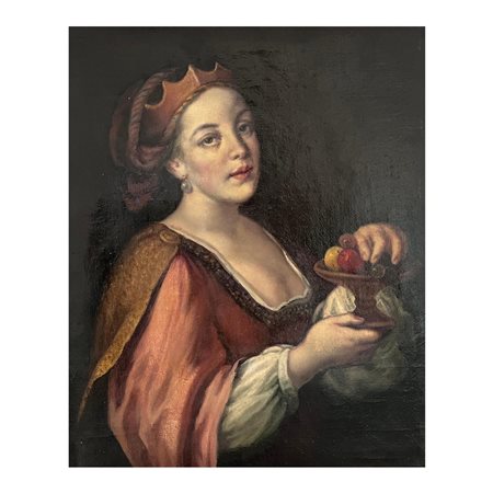 Dipinto olio su tela, raffigurante Donna con cestino di frutta, copia...