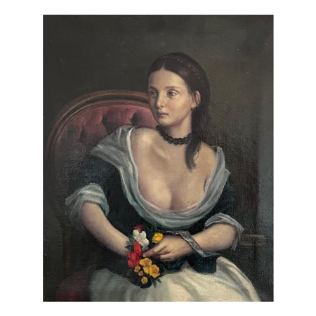 Dipinto olio su tela raffigurante Ritratto di donna con fiori. Artista...
