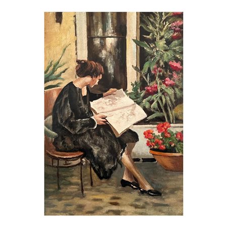 Dipinto olio su tela, raffigurante Donna alla finestra, periodo XX secolo....