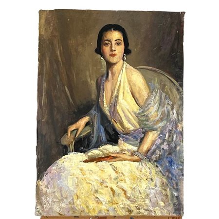 Dipinto olio su tela, raffigurante Ritratto di donna seduta. Scuola Italiana....