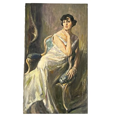 Dipinto olio su tela, scuola Italiana raffigurante Ritratto di donna seduta...