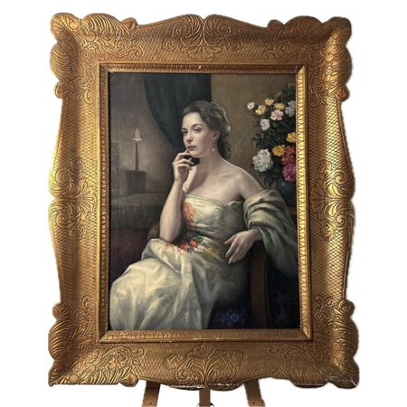 Dipinto olio su tela, raffigurante Donna in abito Bianco. Scuola Italiana...