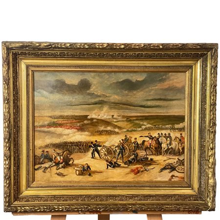 Dipinto olio su tela raffigurante Battaglia Napoleonica. XIX/XX secolo....