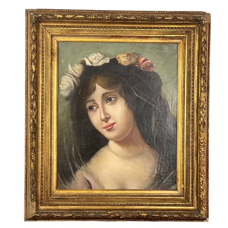 Dipinto olio su tela raffigurante Ritratto di donna con capo ornato da fiori....