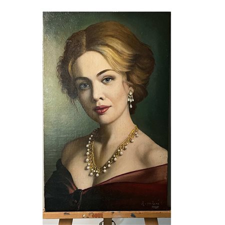 Dipinto Olio su tela raffigurante Ritratto di donna con collana e orecchini...