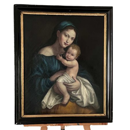 Dipinto olio su tela, Scuola Francese XIX/XX secolo, raffigurante Madonna col...
