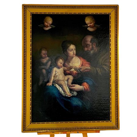 Dipinto olio su tela, raffigurante Sacra Famiglia con Cardellino, XIX/XX...
