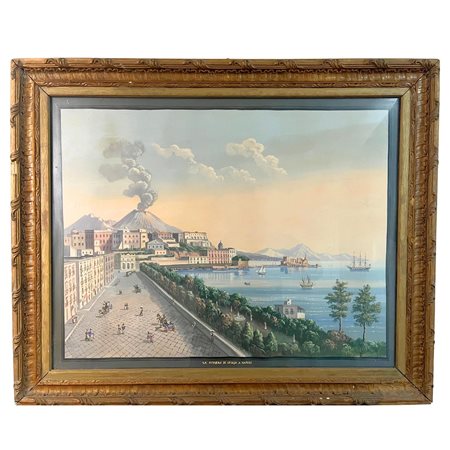 Dipinto Tempera su carta, Veduta di Riviera di Napoli, XX secolo. Artista...