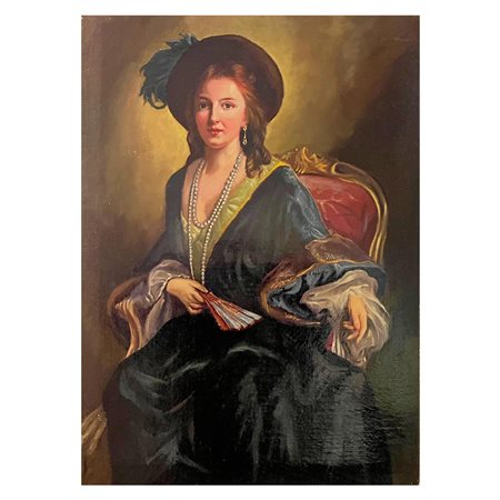 Dipinto olio su tela, Ritratto di Donna con cappello e in abito elelgante, XX...