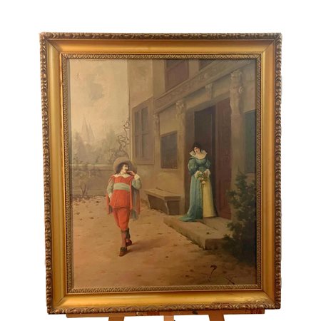 Dipinto olio su tela, Scena galante, XX secolo. Artista anonimo. Dimensioni:...