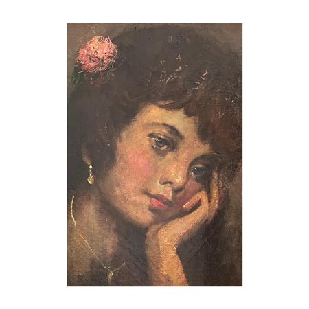Dipinto olio su tela attaccato su tavola, raffigurante Ritratto di donna....