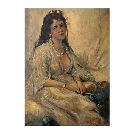 Dipinto olio su pannello di legno, raffigurante ritratto di donna a mani...