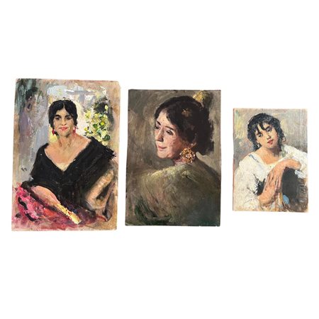 Lotto di tre piccoli dipinti olio su pannello, periodo XX secolo raffiguranti...