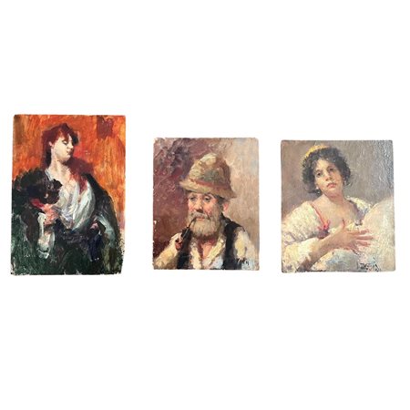 Lotto di tre piccoli dipinti olio su pannello, periodo XX secolo...