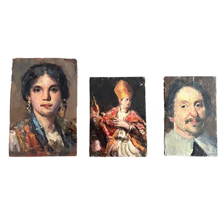 Lotto di tre piccoli dipinti olio su pannello, periodo XX secolo...