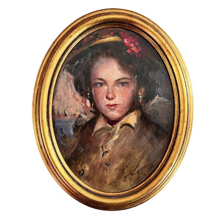 Dipinto olio su pannello di forma ovale in cornice dorata, periodo XX secolo...