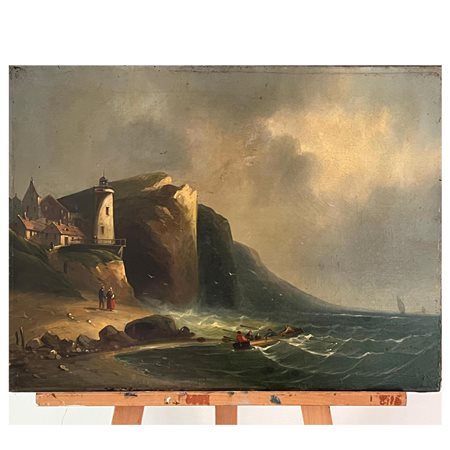 Dipinto olio su tela, periodo XIX/XX secolo raffigurante Scorcio di marina...