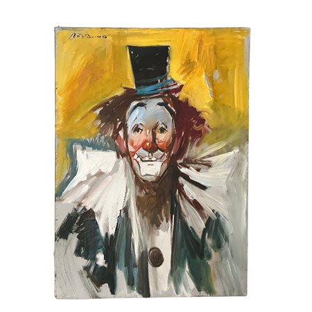 Dipinto olio su tela raffigurante Pagliaccio, firmato Mario Restaino....