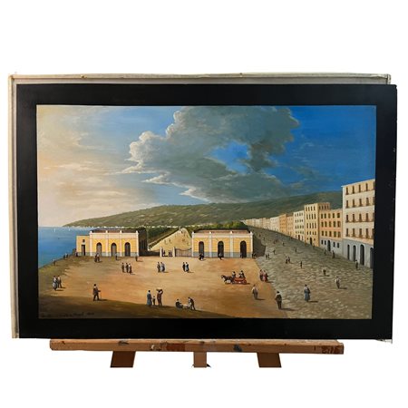 Dipinto Guaches (tempera su carta), raffigurante La Villa Reale a Napoli. XX...