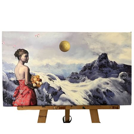 Dipinto olio su tela raffigurante Appuntamento in alta quota. XX/XXI secolo....