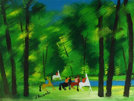 Gian Rodolfo D'Accardi CAVALLI IN CORSA olio su masonite, cm 40x50 firma