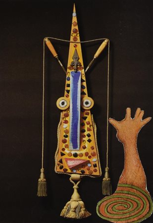 Enrico Baj SEZONGO, 2001 collage su cartolina, cm 15,5x10,5 sul reto: firma,...