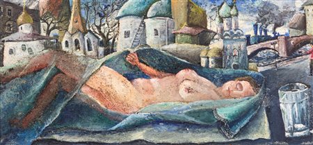 Viacheslav Kalinin (Mosca 1939) Nudo di donna nella città Olio su tavola cm...
