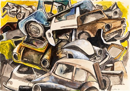 Renato Guttuso (Bagheria 1911-Roma 1987) Sfascio di auto 1978 goauche su...