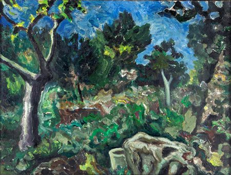Carlo Levi (Torino 1902-Roma 1975) Paesaggio boschivo olio su tela 49x64 cm...